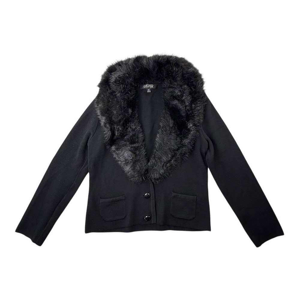 Vintage 90s‎ Y2K Black Sweater w Removable Furry Fuzzy Collar Cardigan Sz M EUC